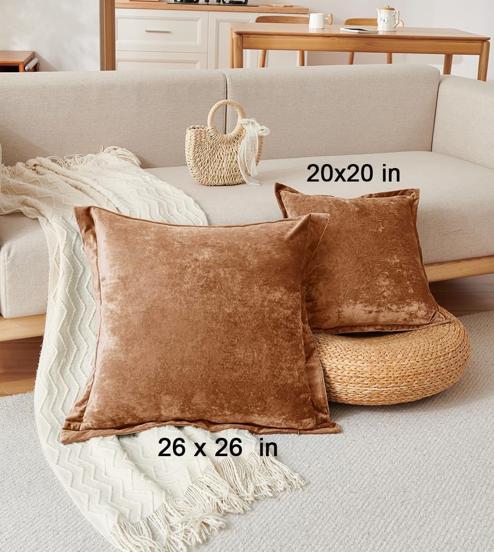 Luxurious Velvet Euro Shams Decorative Throw Pillow Covers 26x26 Set of 2 Solid Square Euro Pillow Shams for Sofa Couch Bedroom, Caramel