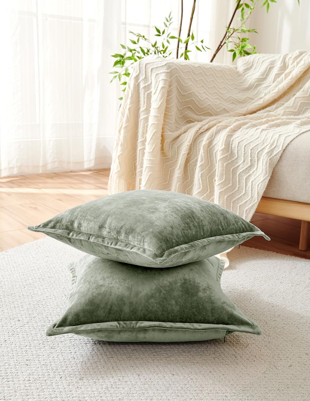 Luxurious Velvet Euro Shams Decorative Throw Pillow Covers 26x26 Set of 2 Solid Square Euro Pillow Shams for Sofa Couch Bedroom, Army Green