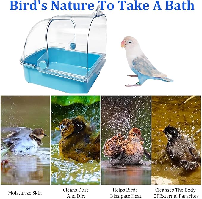 Tfwadmx Bird Cage Bath Hanging Bird Bath Supplies Parrot Bath Tub Water Shower Food Feeder Holder Tray for Small Birds Canary Budgies Cockatiel Lovebirds(Blue)