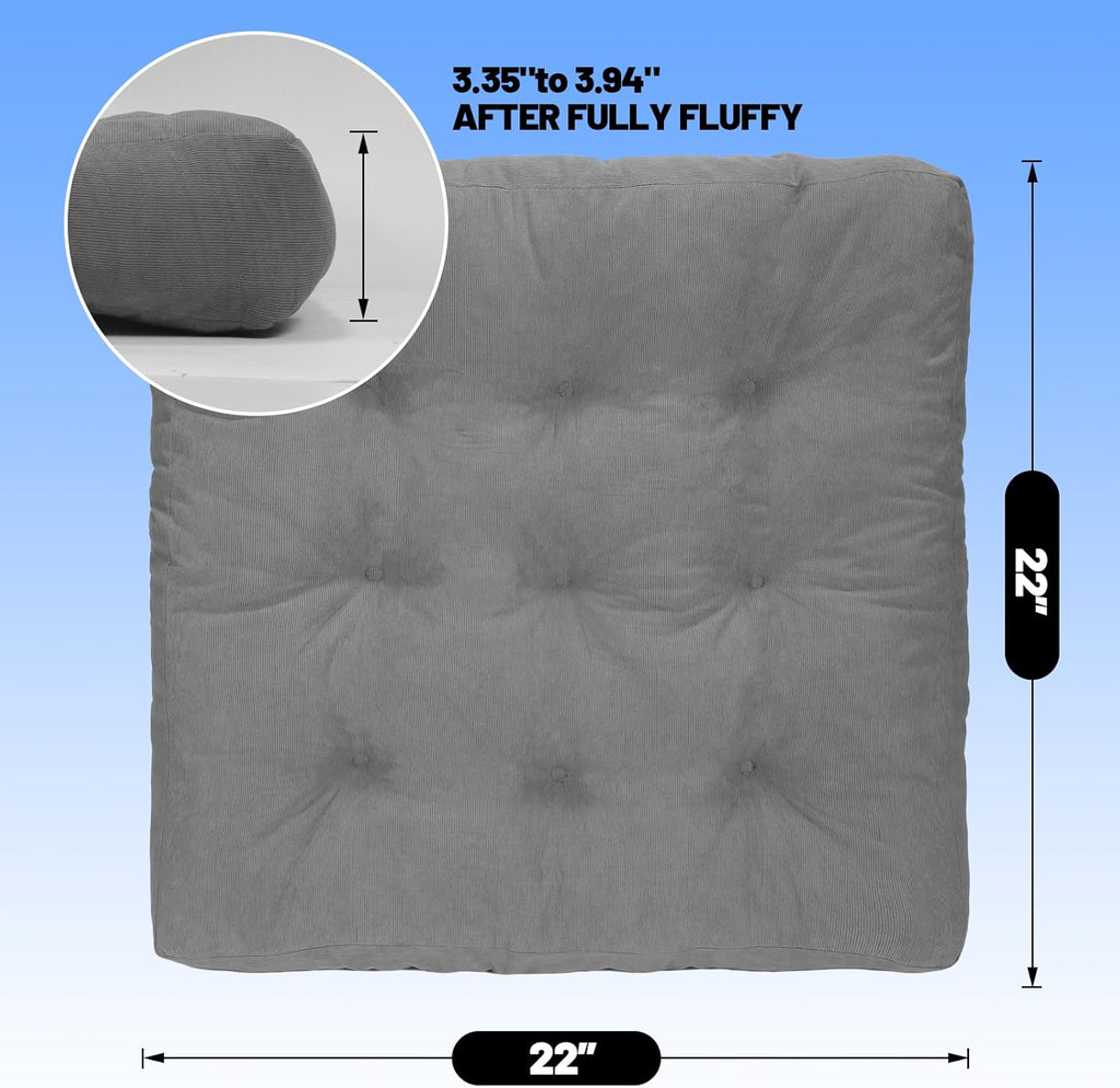 Meditation Floor Pillow Set of 2, Square Large Pillows Seating for Adults, Tufted Corduroy Cushion for Tatami Living Room, 22x22 Inch FP-Grey