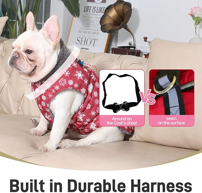 Warm Fleece Dog Coats with Durable Harness Buitl in D-Ring,Waterproof Puppy Jacket for Small Dogs,Dog Vest for Cold Winter,Red,Snow Pattern M