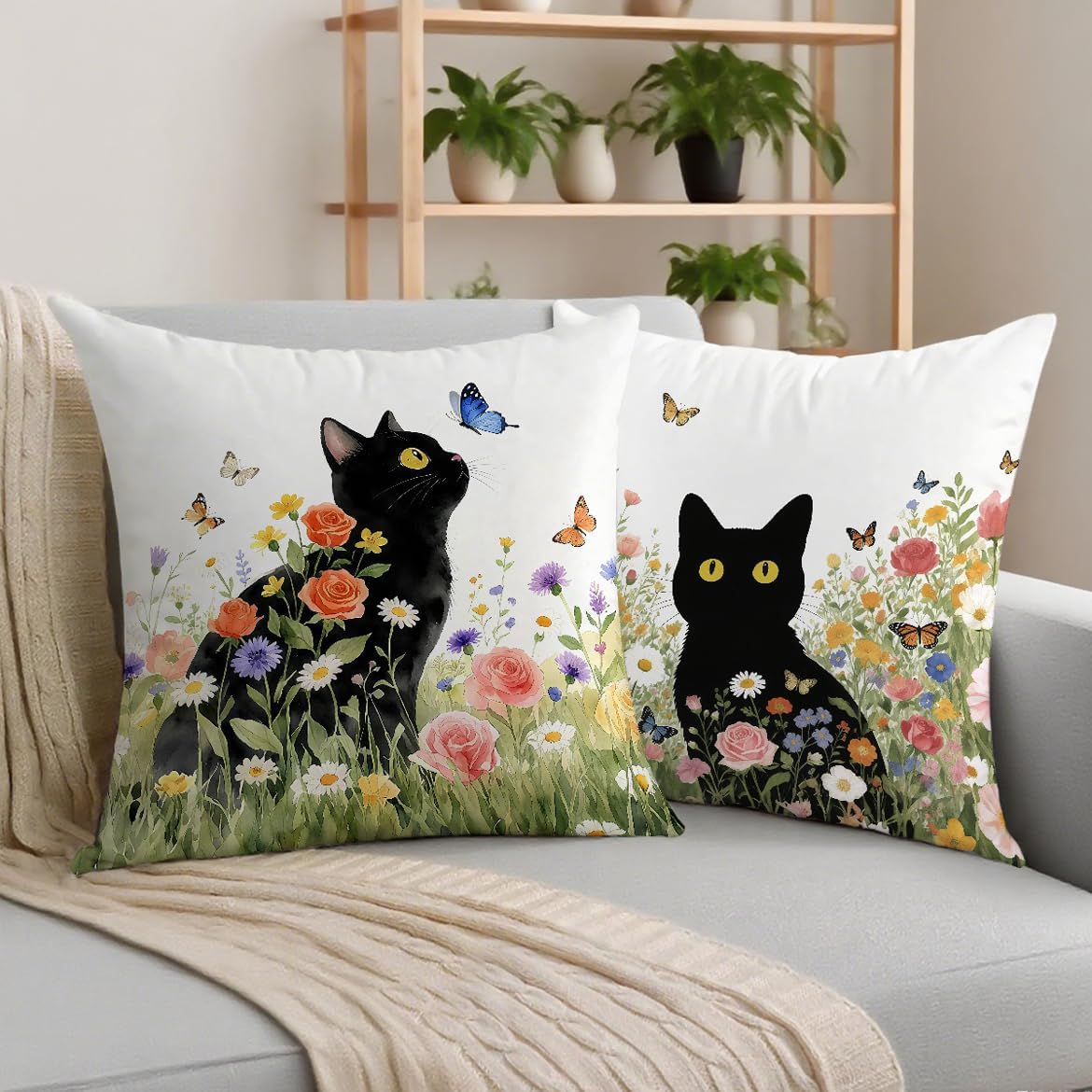 2 Pcs Floral Black Cat Pillow Cover, Vintage Black Cats Flowers Throw Pillow Covers Spring Summer Boho Cushion Cover, Suitable for Couch Sofa Bedroom Apartment Dorm Living Room Office Home Decor