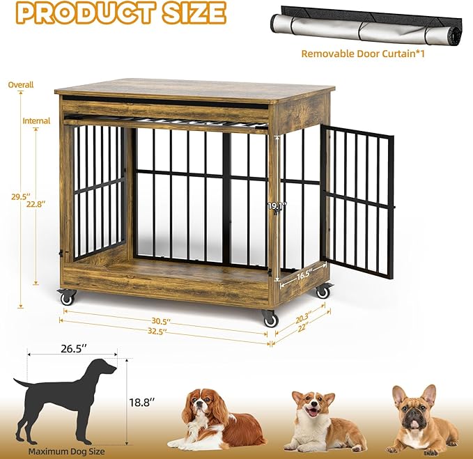32" Dog Crate Furniture, Double Door Wooden Indoor Dog Kennel Furniture, Decorative Pet Cage End Table with Wheels for Medium and Small Breed Dogs, Size M, Rustic Brown