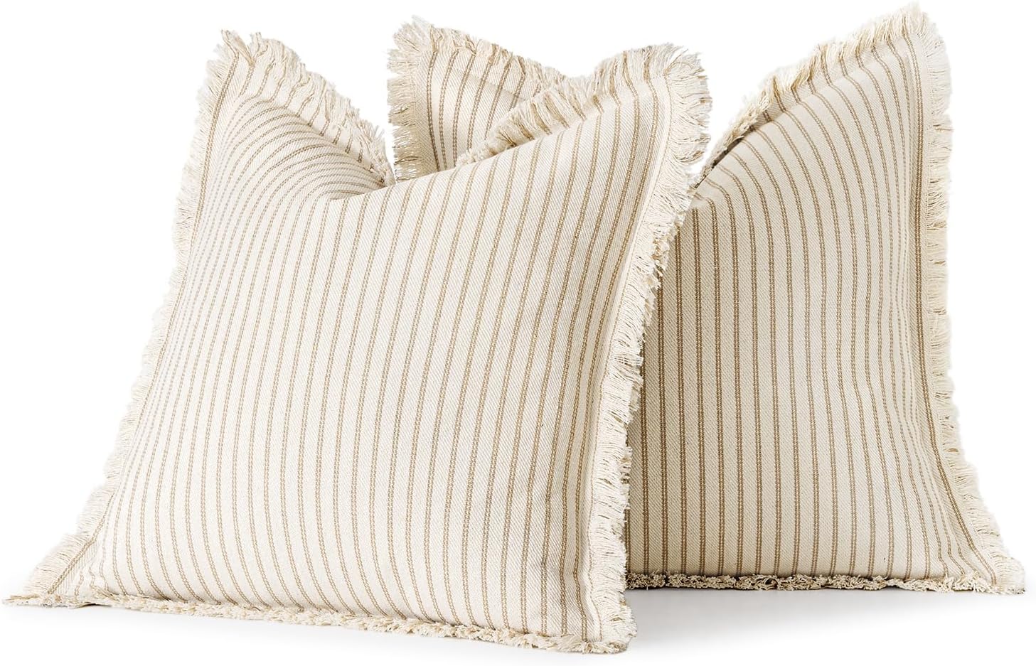 MIULEE Pack of 2 Khaki Pillow Covers 20x20 Inch Striped Farmhouse Couch Throw Pillow Covers with Fringe Chic Linen Decorative Cushion Covers for Sofa Living Room Bed Outdoor Home Decor