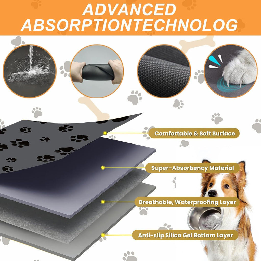 18"×30" Dog Food Mat-Absorbent Dog Mat for Food and Water, No Stains Quick Dry Cat Food Bowl Mat with Footprints for Messy Drinkers,Dark Grey