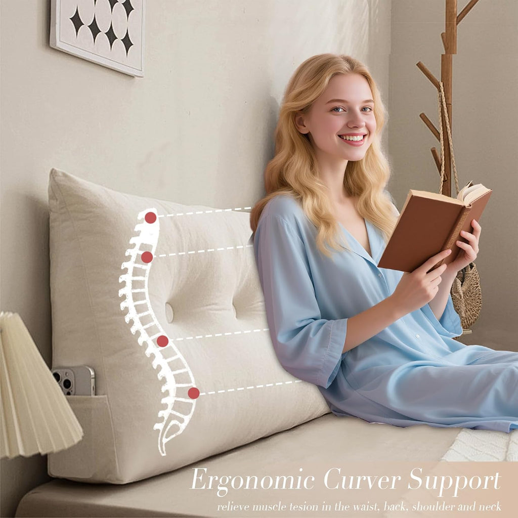 Queen Size Headboard Pillow Wedge Long Backrest Positioning Support for Daybed Wedge Bed Rest Reading Pillow with Side Pockets Bolster Cushion