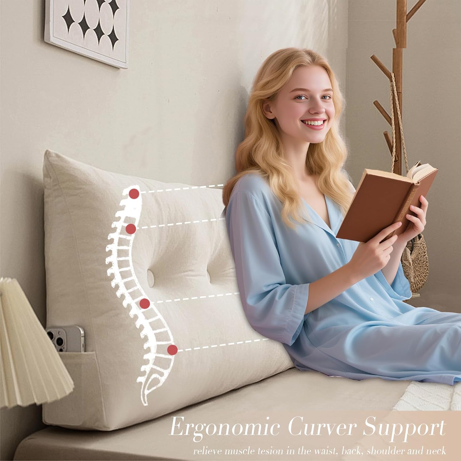 Queen Size Headboard Pillow Wedge Long Backrest Positioning Support for Daybed Wedge Bed Rest Reading Pillow with Side Pockets Bolster Cushion