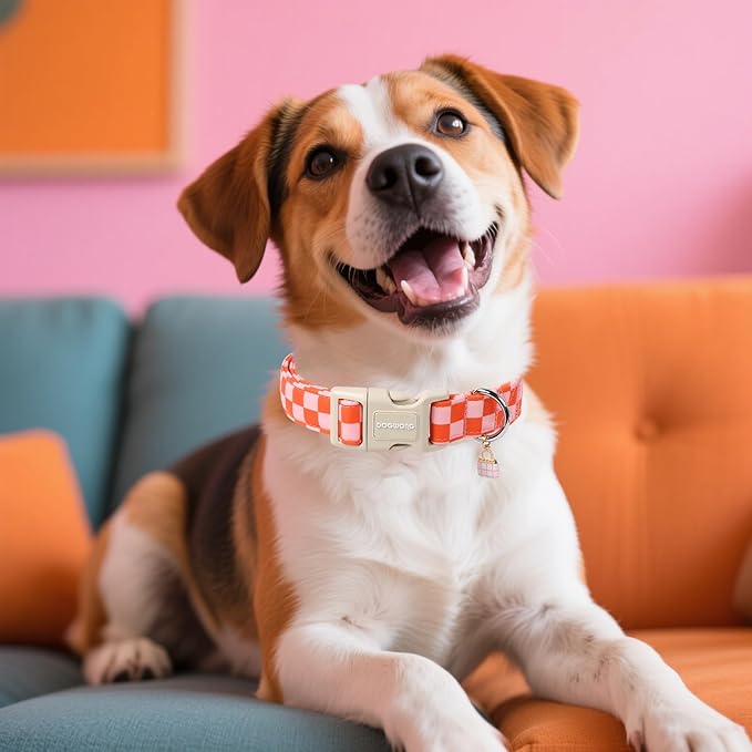 DOGWONG Pink Plaid Dog Collar, Pink Girl Dog Collars, Adjustable Cute Pet Collars Girl Design Dog Collar for Small Medium Large Dogs