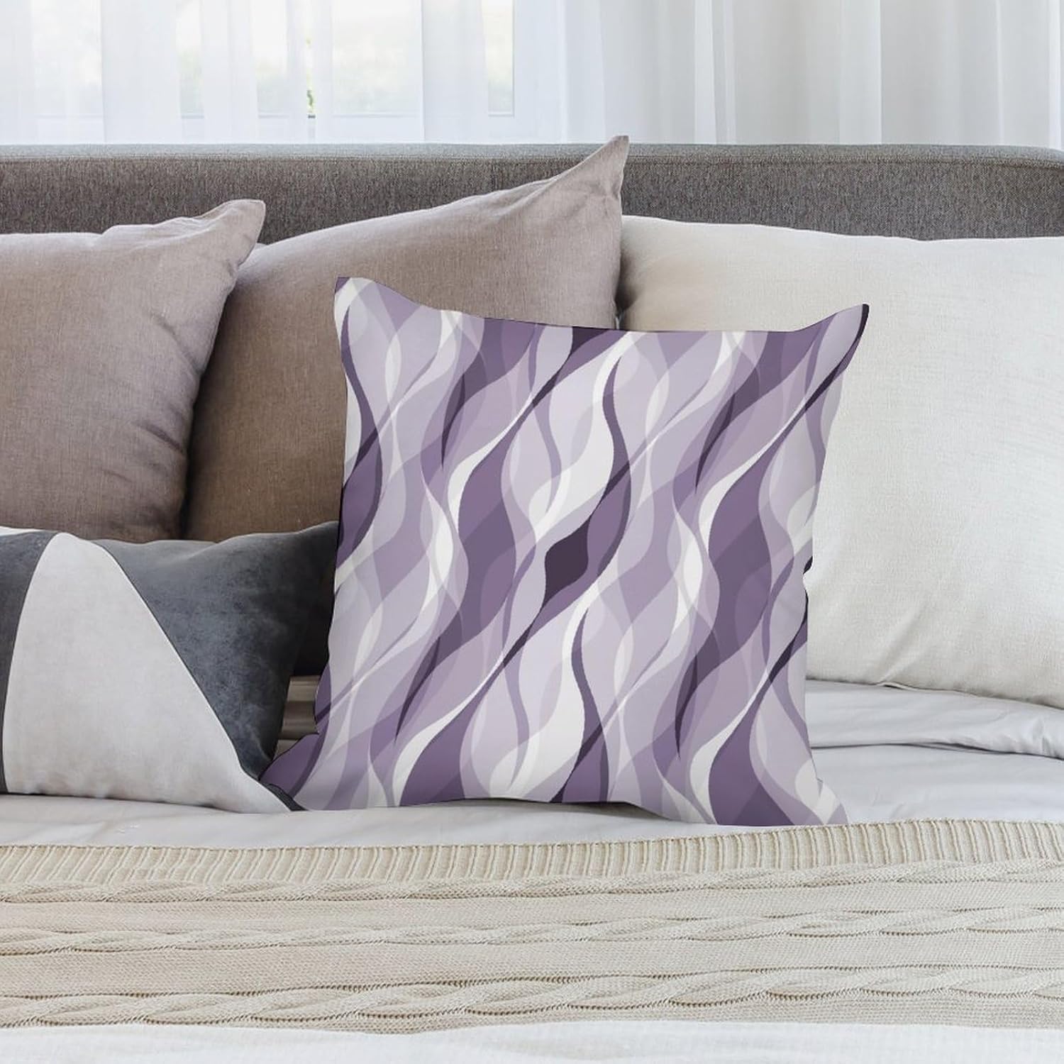 Lavender Throw Pillow Covers Modern Purple and Grey Striped Decorations for Bedroom Living Room Farmhouse Sofa Pillows Bed Couch 20x20 Inch