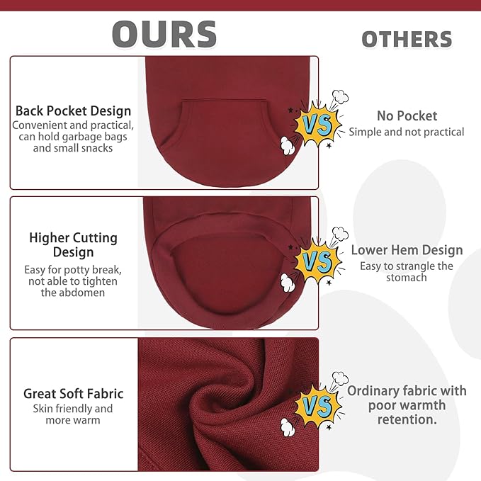 KOOLTAIL Basic Dog Hoodie - Soft and Warm Dog Hoodie Sweater with Leash Hole and Pocket, Dog Winter Coat, Cold Weather Clothes Sweatshirt for Small Medium Large Dogs Puppy Cat Boys Girls Deep Red M
