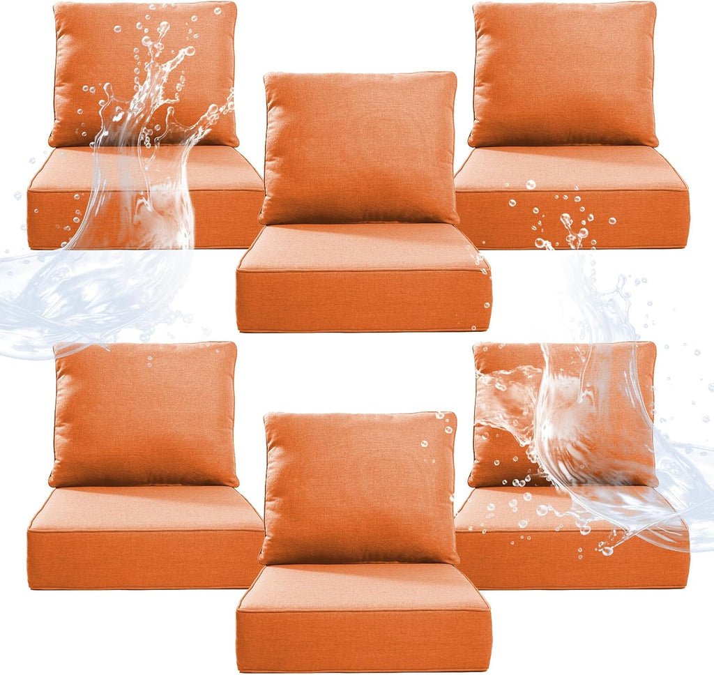 6" Thicker Outdoor Chair Cushion 6 Sets - 24" *24" *6" Waterproof Patio Furniture Cushions with Removable Cover, 28D High Density Sponge Filling Thicken Outdoor Patio Cushions - Orange