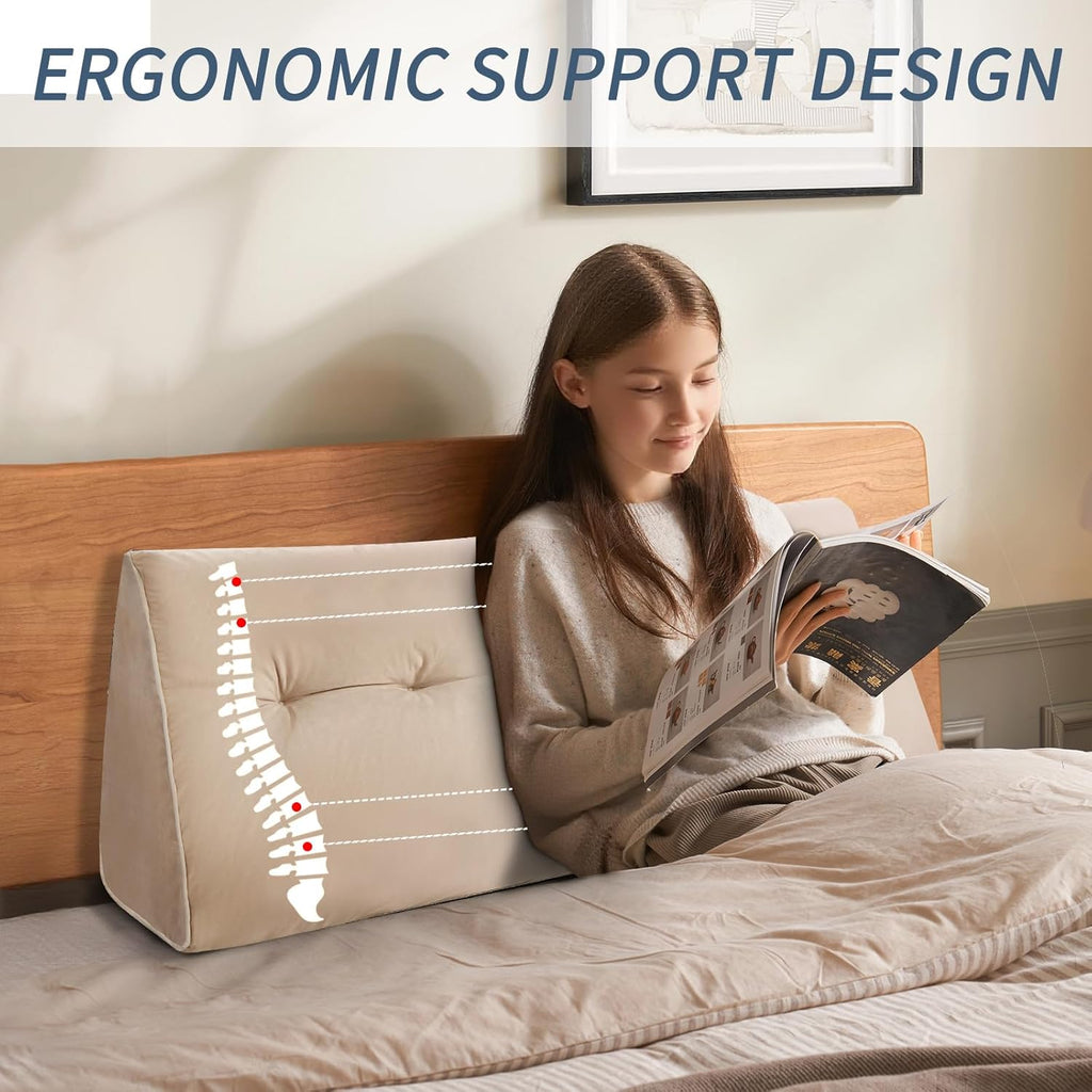 Headboard Wedge Pillows Full, Ergonomic Bed Triangular Headboard Pillow, Thickened Backrest Cushion for Reading in Dorm Bed Sofa, Beige, 54in
