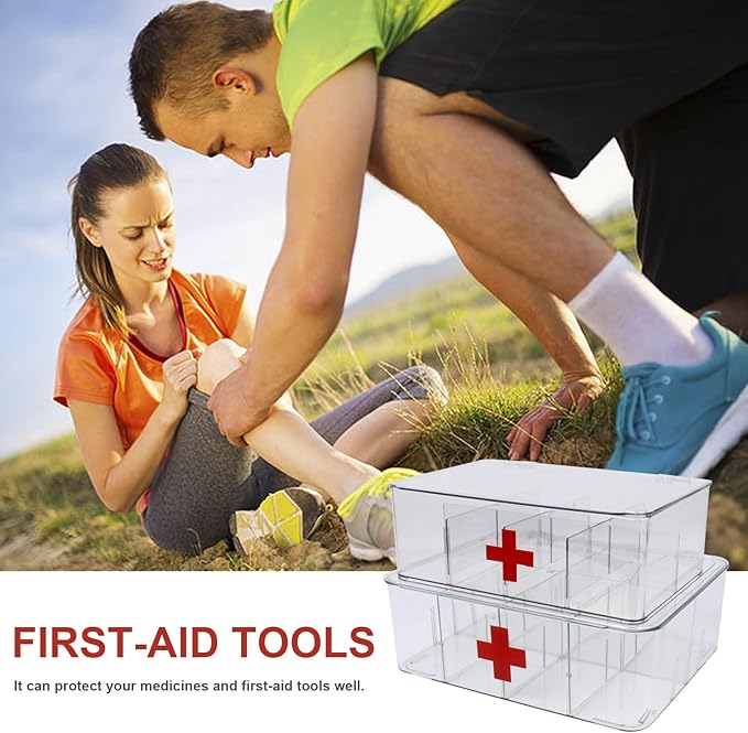 2 Pack First Aid Box, Acrylic Medicine Kit Case Organizer Empty, Divided Medicine Box First Aid Storage Box Kit with Hinge Lid, Emergency Supplies Storage Box for Home Office (Clear)