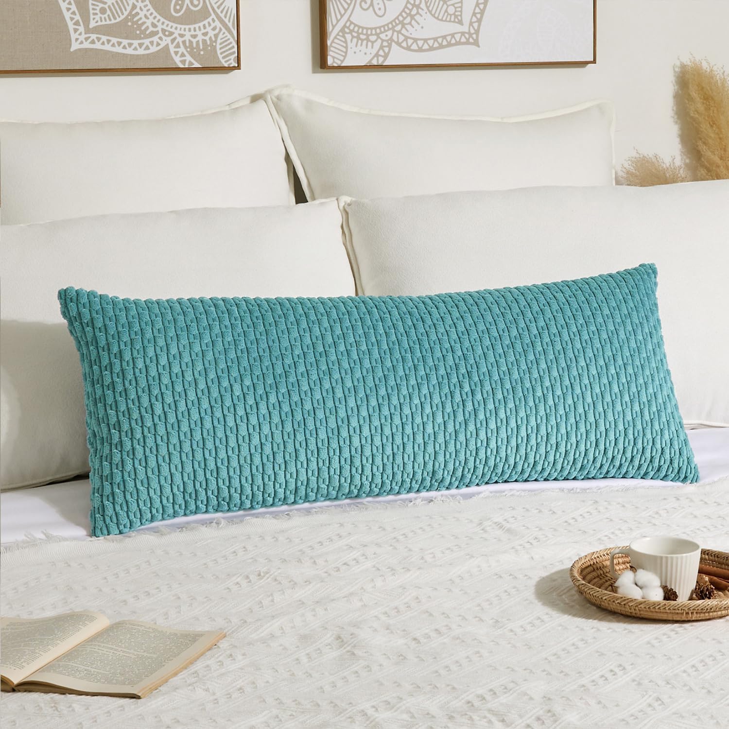 Kevin Textile 14x36 Inch Long Lumbar 1 Pack Boho Decorative Throw Pillow Cover Soft Striped Corduroy Rectangle Cushion Case Farmhouse Solid Color Accent for Living Room Couch Sofa Bed, Aqua Green