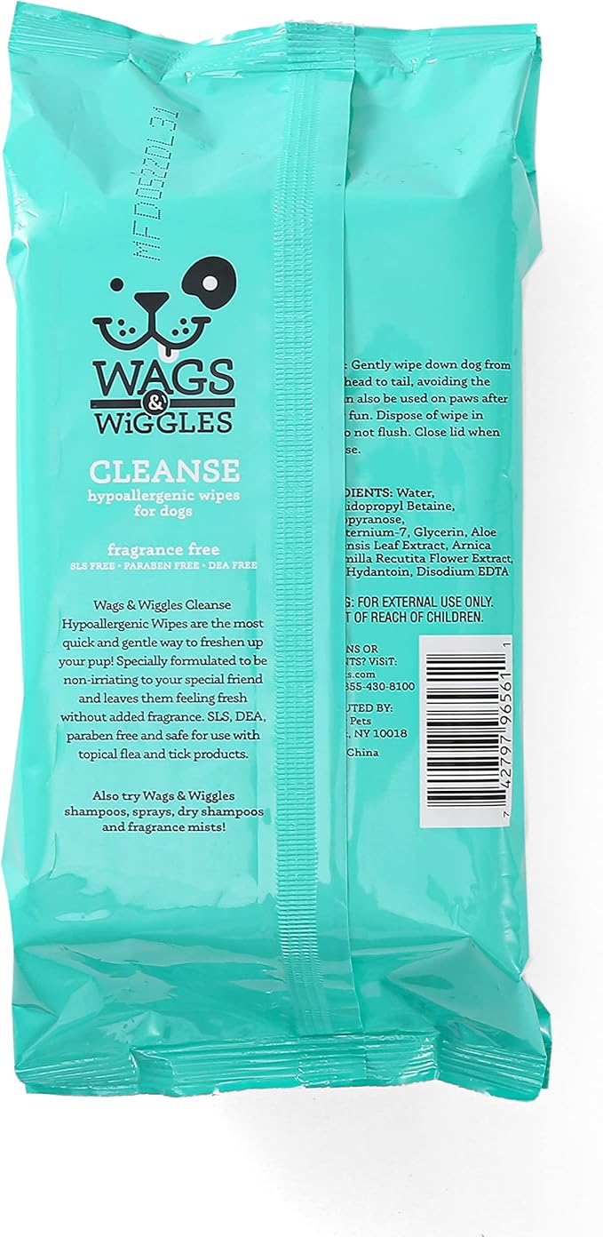 Wags & Wiggles Cleanse Hypoallergenic Wipes 100ct | Hypoallergenic Dog Wips 100 Count Package, Fragrance Free | Waterless Bathing to Keep Pets with Sensitive Skin Clean (FF22031) (Pack of 2)