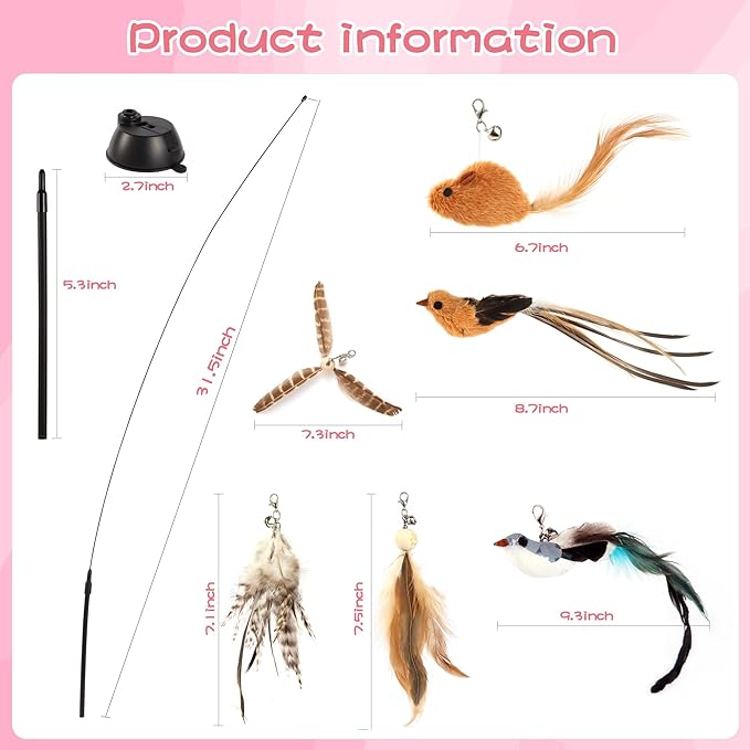 Interactive Bird Simulation Cat Toy Set,Cat Wand Toys,Wand Self-Holding Suction Cups Base,Include Detachable 6 Pcs Replacements Feathers Toys