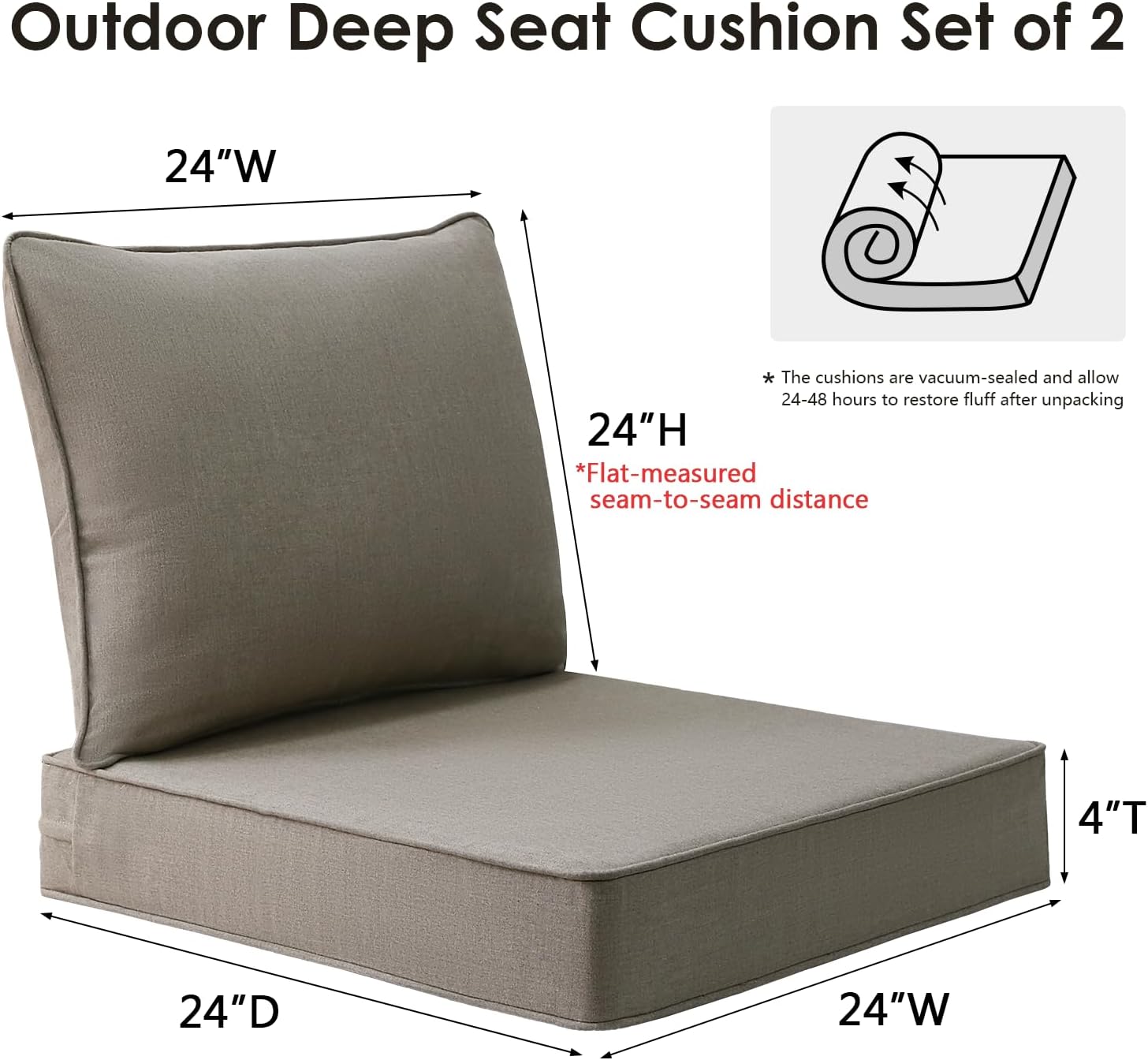 Sunbrella Outdoor Chair Cushions Set, 24" x 24", Set of 2, Water-Repellent, Fade Resistant, Deep Seat Bottom and Back Cushion for Backyard, Couch, Sofa and Patio Furniture, Cast Shale