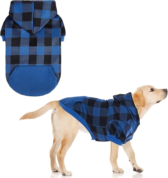 KOOLTAIL Plaid Dog Hoodie Pet Clothes Sweater with Hat and Pocket for Small Medium Large Size Dogs, Soft Winter Warm Dog Cold Weather Coat, Fleece Fall Dog Hooded Sweatshirt for Puppy Cats,Blue XL/XXL