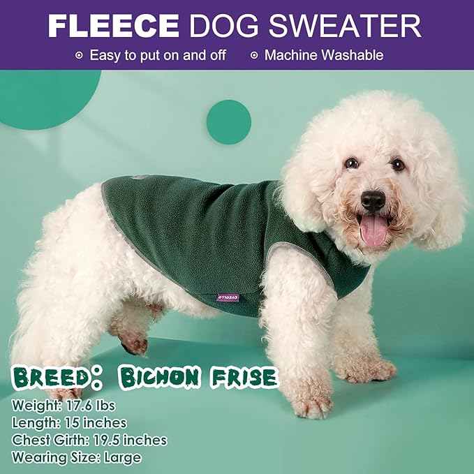 cyeollo 2 Pack Dog Sweater Fleece Vest Pullover Pet Sweatshirt Reflective Lightweight Dog Clothes for Large Dogs Boy Girl Pet Apparel Green, Grey, XXXL