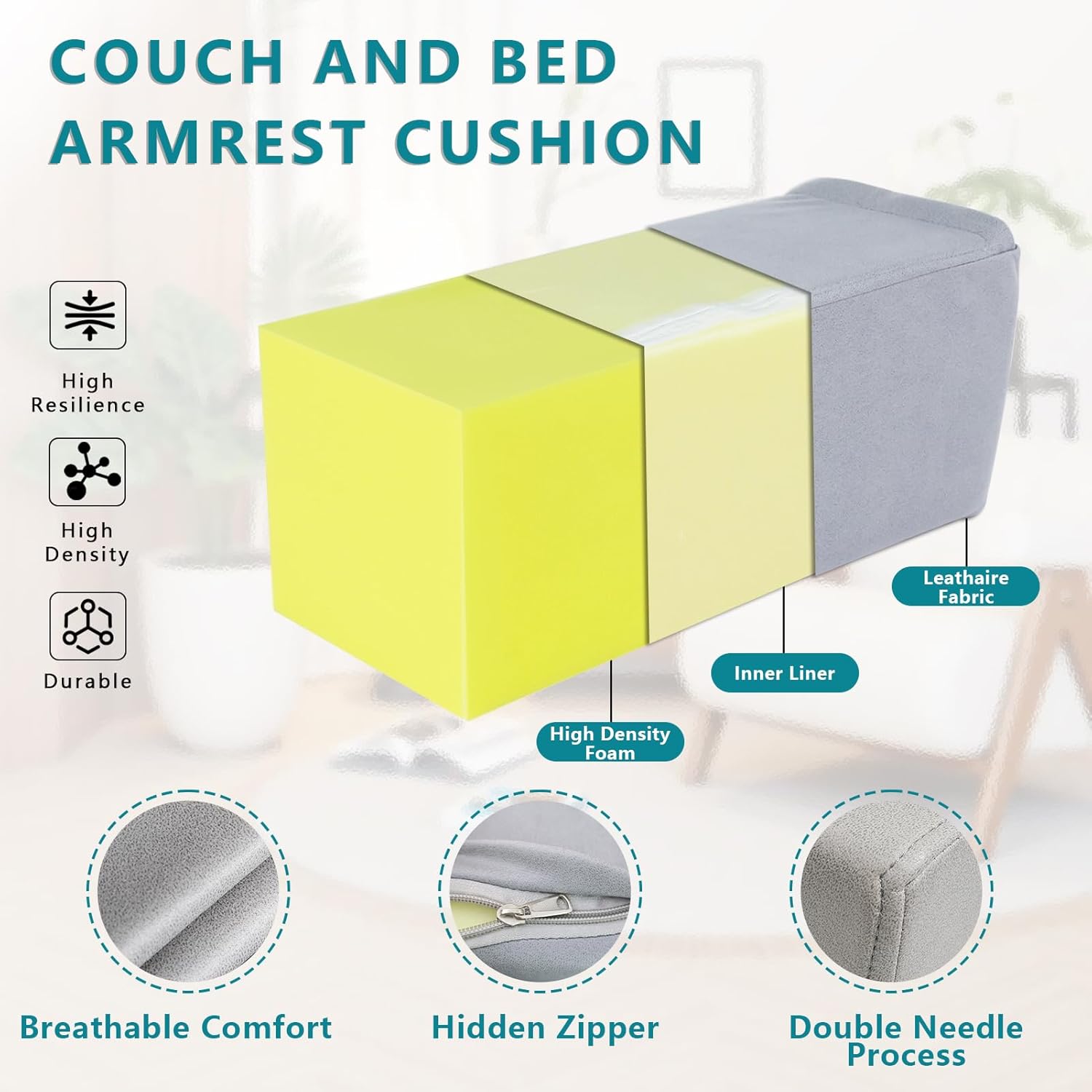 2 Pack Couch Arm Rest Pillow, 8''x8''x20'' Faux Leather Waterproof Cover, High Density Foam Armrest Cushion, Removable & Washable Elbow Support for Sofa, Bed, and Armchair (Medium Grey)