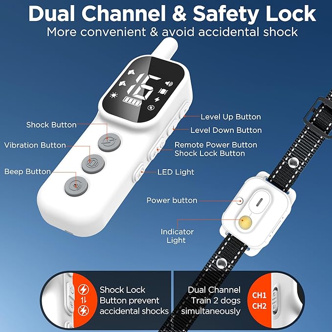 Dog Shock Collar,3300FT Dog Training Collar with Remote,IPX7 Waterproof Rechargeable Dog e-Collar with Beep,Vibration,Safe Shock,LED Light, Shock Lock for Small,Medium,Large Dogs (8-150 lbs)