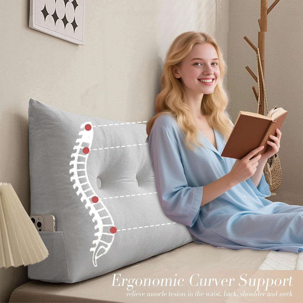 Dorm Headboard Pillows Twin XL Wedge Headboard Pillow Long Backrest Positioning Support for Daybed Reading Backrest Pillow with Side Pockets College Dorm Headboard