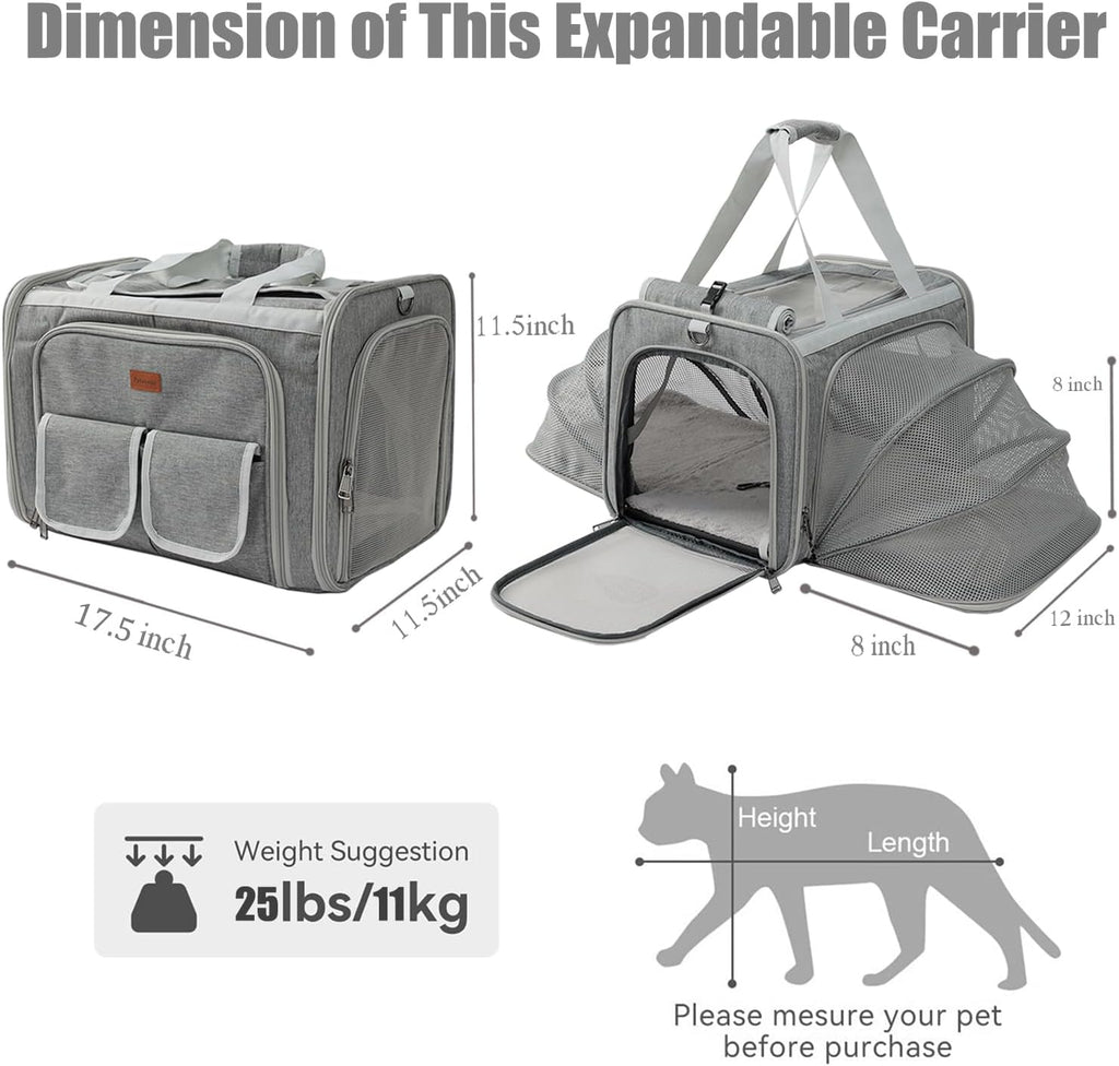 Dog Carrier Cat Carriers Grey Soft Pets Bag Airline Approved Dog Carrier for Small Dogs Carrier,2Sides Expand,Stylish Rabbit Bunny Pets Carriers Travel Outdoor Carry Kennel