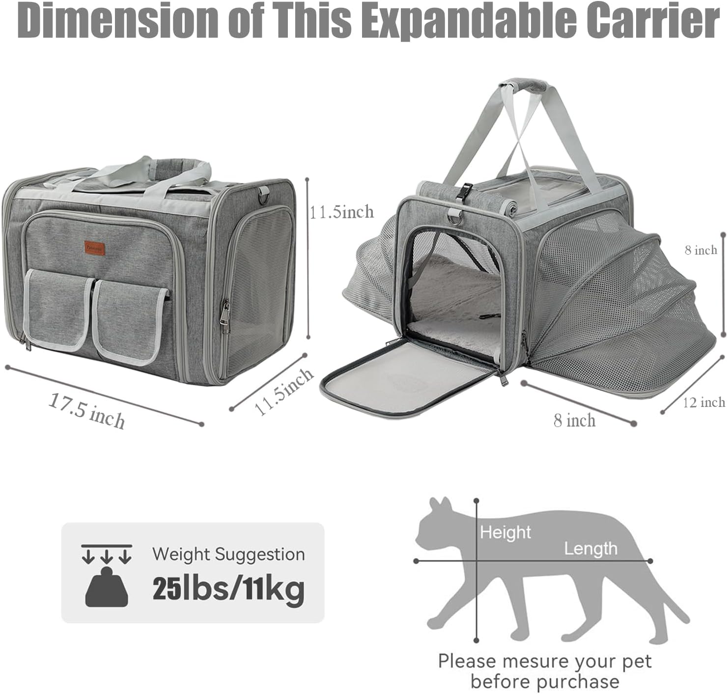 Dog Carrier Cat Carriers Grey Soft Pets Bag Airline Approved Dog Carrier for Small Dogs Carrier,2Sides Expand,Stylish Rabbit Bunny Pets Carriers Travel Outdoor Carry Kennel