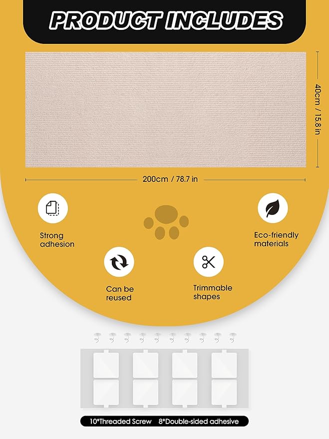 78.7"x15.8" Cat Scratch Mat, Trimmable Self-Adhesive Carpet, DIY Climb Cat Scratcher for Furniture Couch or Wall Protector, Covering Cat Scratching Post Replacement Pads (Beige)
