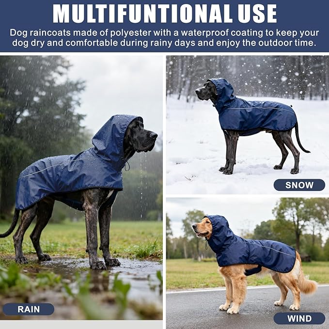 Mosucoirl Dog Raincoat Jacket Reflective Adjustable Hooded Pet Poncho Rain Coats with Leash Hole Waterproof Clothes for Small Medium Large Dogs (NavyBlue, S)