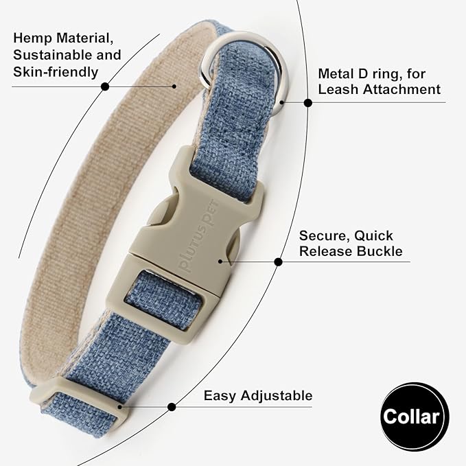 Plutus Pet Cotton Hemp Dog Collar and Leash Set, Adjustable Collar for Small, Medium, and Large Dogs, Heavy Duty and Soft on Skin, Haze Blue, M