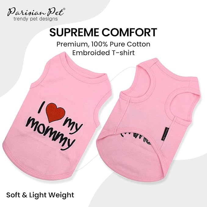 Parisian Pet Dog T-Shirt with Embroidered 'I Love My Mommy' Words - 100% Cotton, Pink Dogs Clothes - Sleeveless Pet Vest - Machine Washable Shirt for Large Dogs, XL