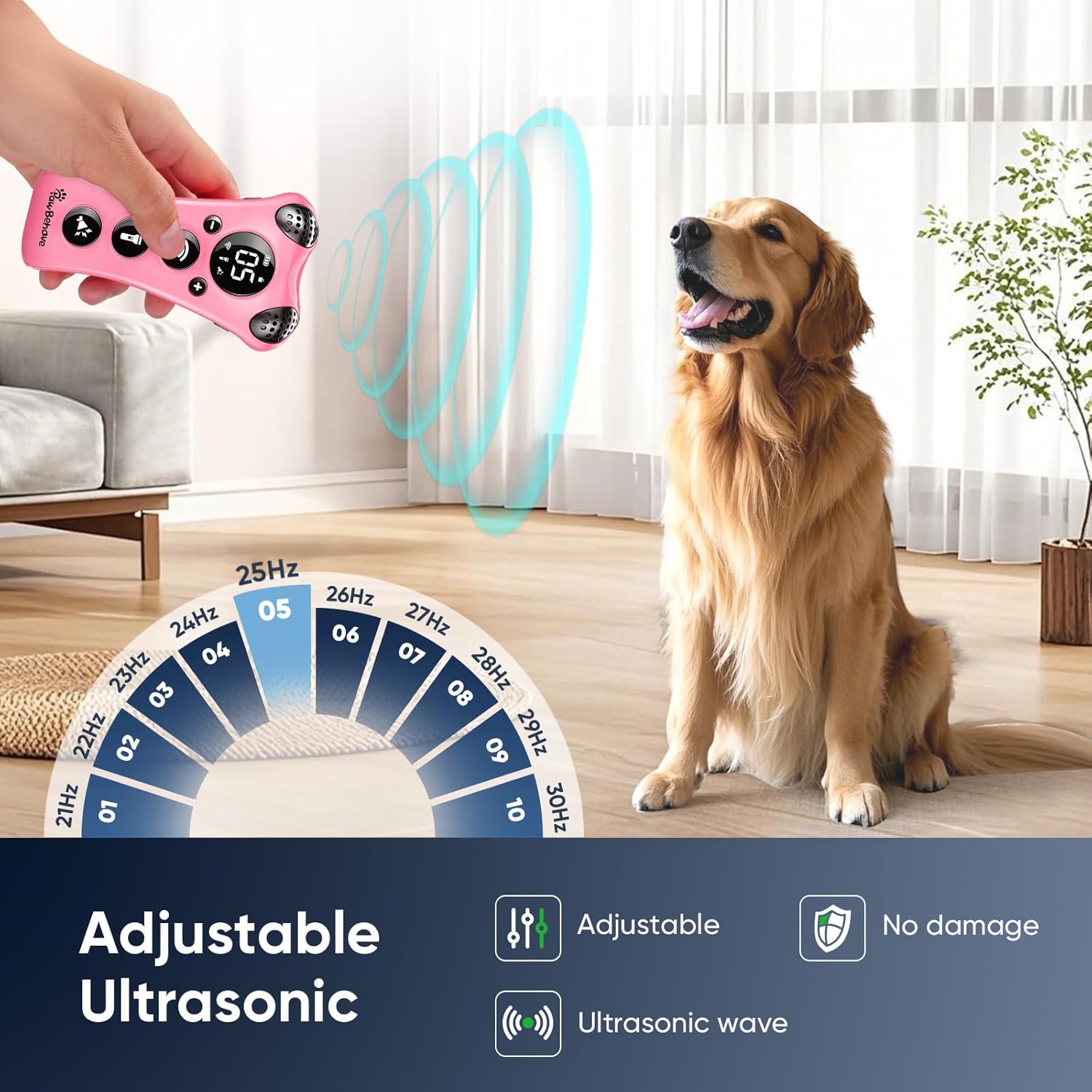Adjustable Ultrasonic Dog Trainer – World's First Variable Frequency Pet Behavior Corrector with 10 Level Ultra Sound, 18 Dog Whistles, Anti-Bark Strobe Light, Humane Dog Deterrent (Pink)