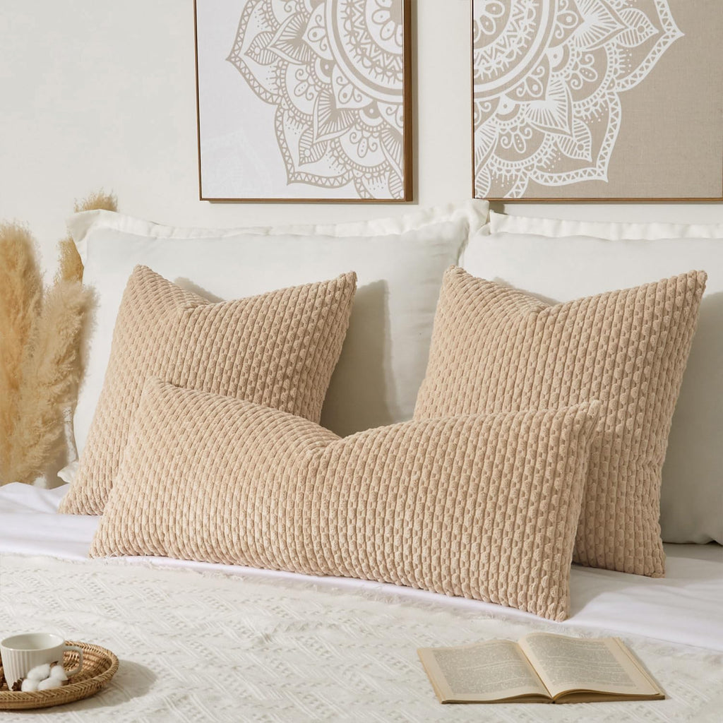 Kevin Textile 20x54 Inch Long Body Lumbar 1 Pack Boho Decorative Throw Pillow Cover Soft Striped Corduroy Rectangle Cushion Case Farmhouse Accent for Living Room Couch Sofa Bed, Light Beige