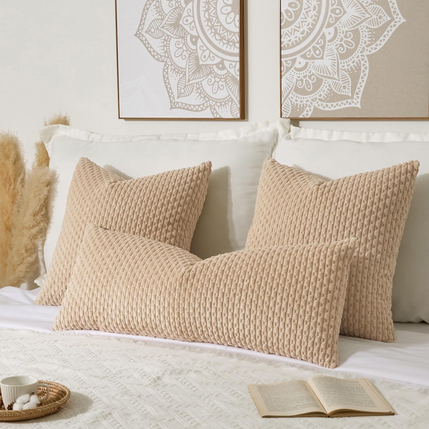 Kevin Textile 14x36 Inch Long Lumbar 1 Pack Boho Decorative Throw Pillow Cover Soft Striped Corduroy Rectangle Cushion Case Farmhouse Solid Color Accent for Living Room Couch Sofa Bed, Beige