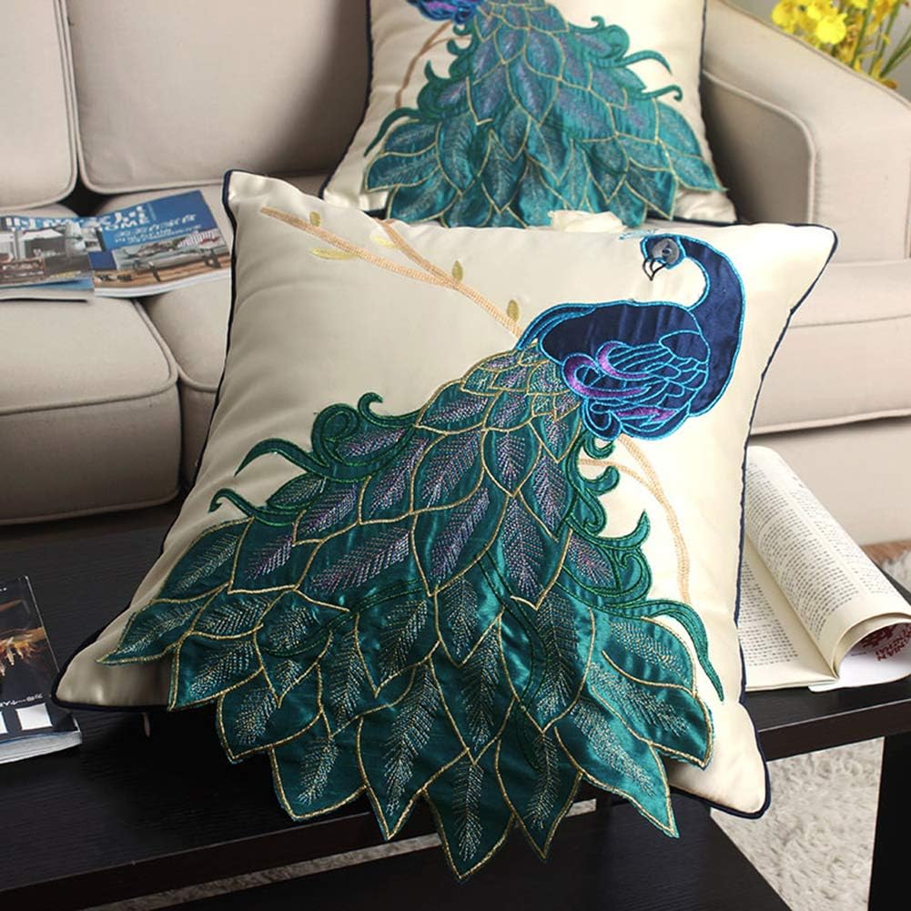 vctops Embroidered Peacock Decorative Throw Pillow Case Silky Satin Cushion Cover Peacock 2 18"X18"