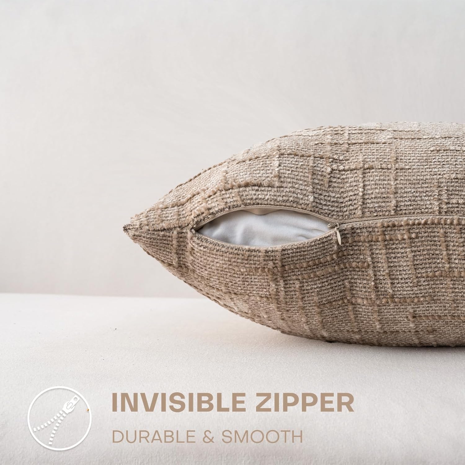 Decorative Throw Pillow Covers 22x22 Inch Set of 2, Soft Solid Farmhouse Chenille Couch Pillows, Spring Pillow Covers for Couch Sofa Bed Living Room Home Decor Pillowcase, Light Khaki