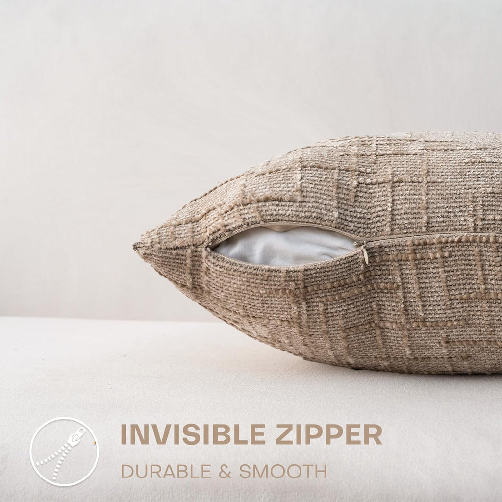 Decorative Throw Pillow Covers 20x20 Inch Set of 2, Soft Solid Farmhouse Chenille Couch Pillows, Spring Pillow Covers for Couch Sofa Bed Living Room Home Decor Pillowcase, Light Khaki