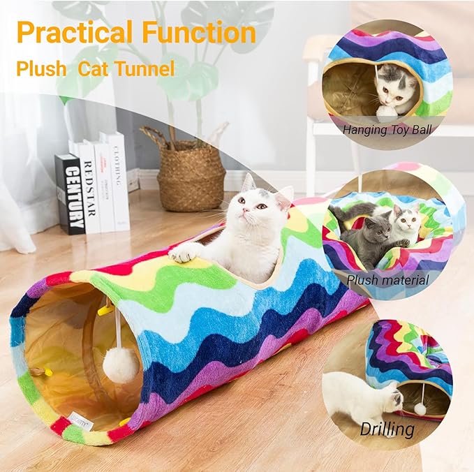 LUCKITTY Cat Tunnel -Straight-Shaped, Rainbow Wave Color, Soft Velvet Exterior, Oxford Fabric Fog-Proof Interior, Plush Toy Ball, Easily Washable, Conveniently Foldable, 47.2in/120cm