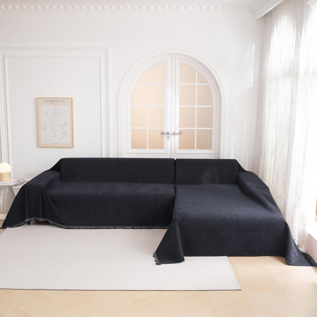 MYSKY HOME Couch Cover for Dogs, Washable Couch Covers, Non Slip Dogs Furniture Protector with Tassels, Chenille, Navy Blue, 71"x102"