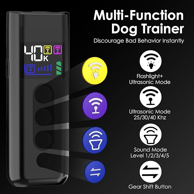 Dog Bark Deterrent Device, 65 FT Range,3X Ultrasonic Bark Deterrent Device & Ultrasonic Dog Trainer - Anti-Barking Device with Color Display, Safe & Effective Alternative to Bark Collars - Black