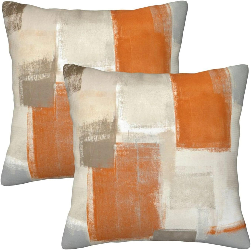 bassyil Orange Grey Abstract Art Painting Throw Pillow Covers Decorative Linen Pillow Cases Set of 2 Square Cushion Cover for Couch Sofa Bedroom Patio 18x18 Inch