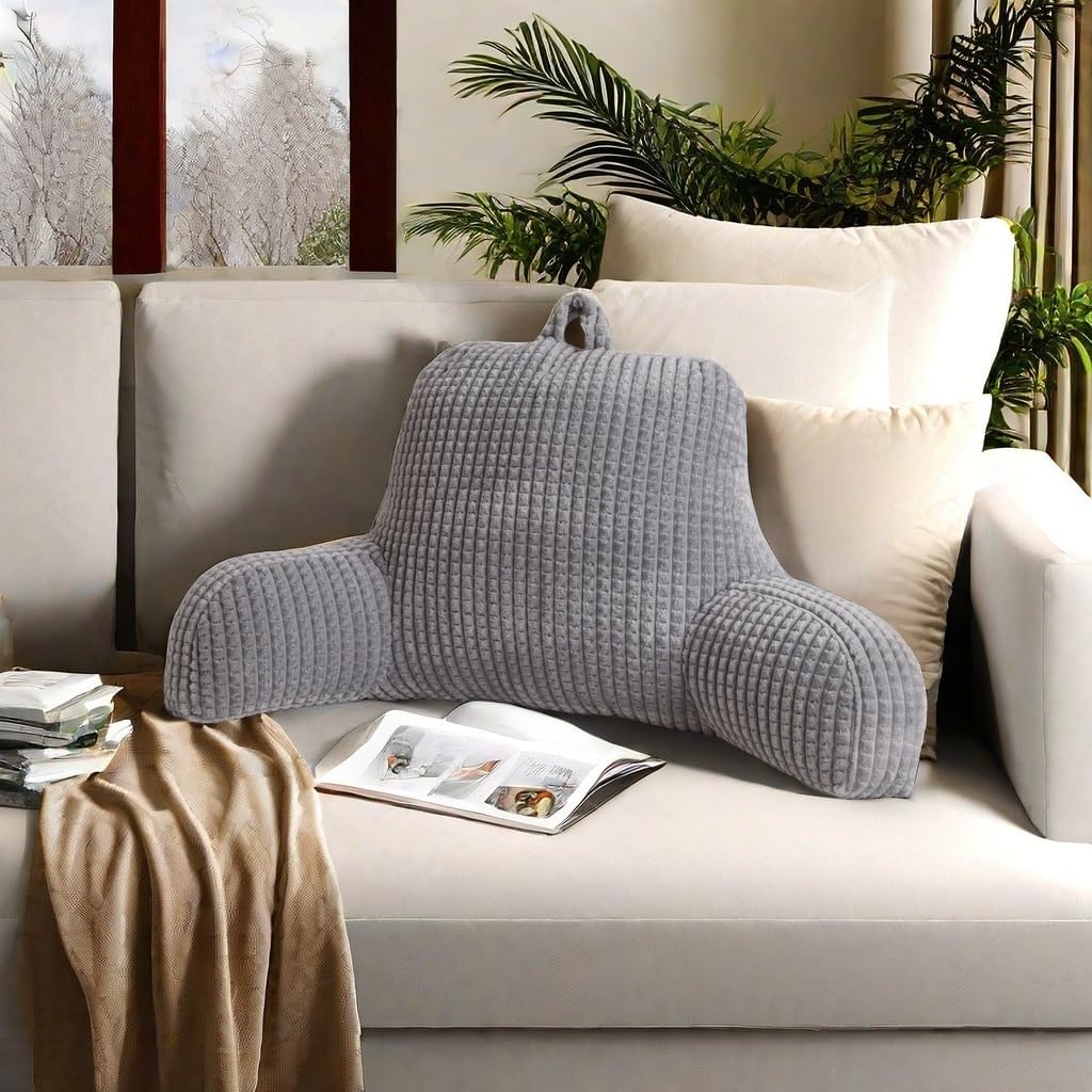 Holawakaka Reading Pillow for Bed and Sofa Couch Sitting Up, Backrest Pillows with Arms for Kids Teens Adults, Back Support Cushion for Lounging, Watching TV, Working on Laptop, Grey