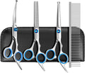 GEMEK Professional Grooming Scissors for Dogs with Safety Round Tips, Dog Grooming Scissors Set - Thinning, Straight, Curved Shears and Comb for Long Short Hair for Dog Cat Pet (Blue-5 in 1)