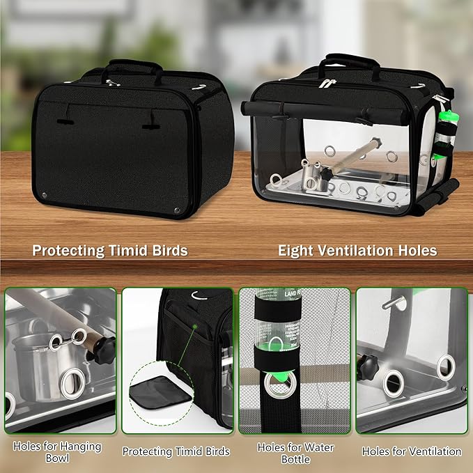 Suertree Bird Carrier Airline Approved, Bird Travel Cage with Indestructible Stainless Steel Mesh, Bird Travel Bag Lightweight and Portable with Water Bottle and Bowl