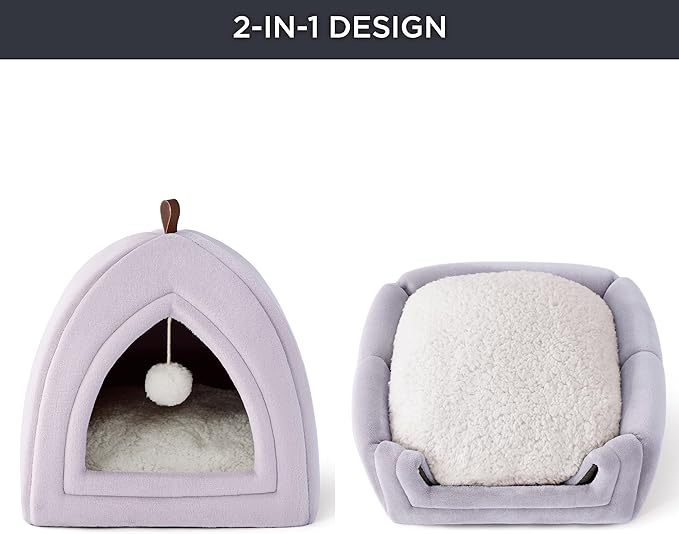 Bedsure Cat Beds for Indoor - 2 in 1 Cat Cave House Tent for Kittens and Small Pets with Removable Washable Cushioned Pillow, Foldable Kitten Hideaway with Non-Slip Bottom, Purple, 16 inches