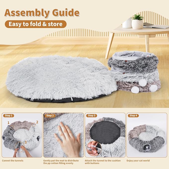 Odoland Large Cat Tunnel and Fluffy Bed - Indoor Detachable Cave With 20 Toys, Donut Tunnel and Variety Kitten Toy Set for Chewing and Playing