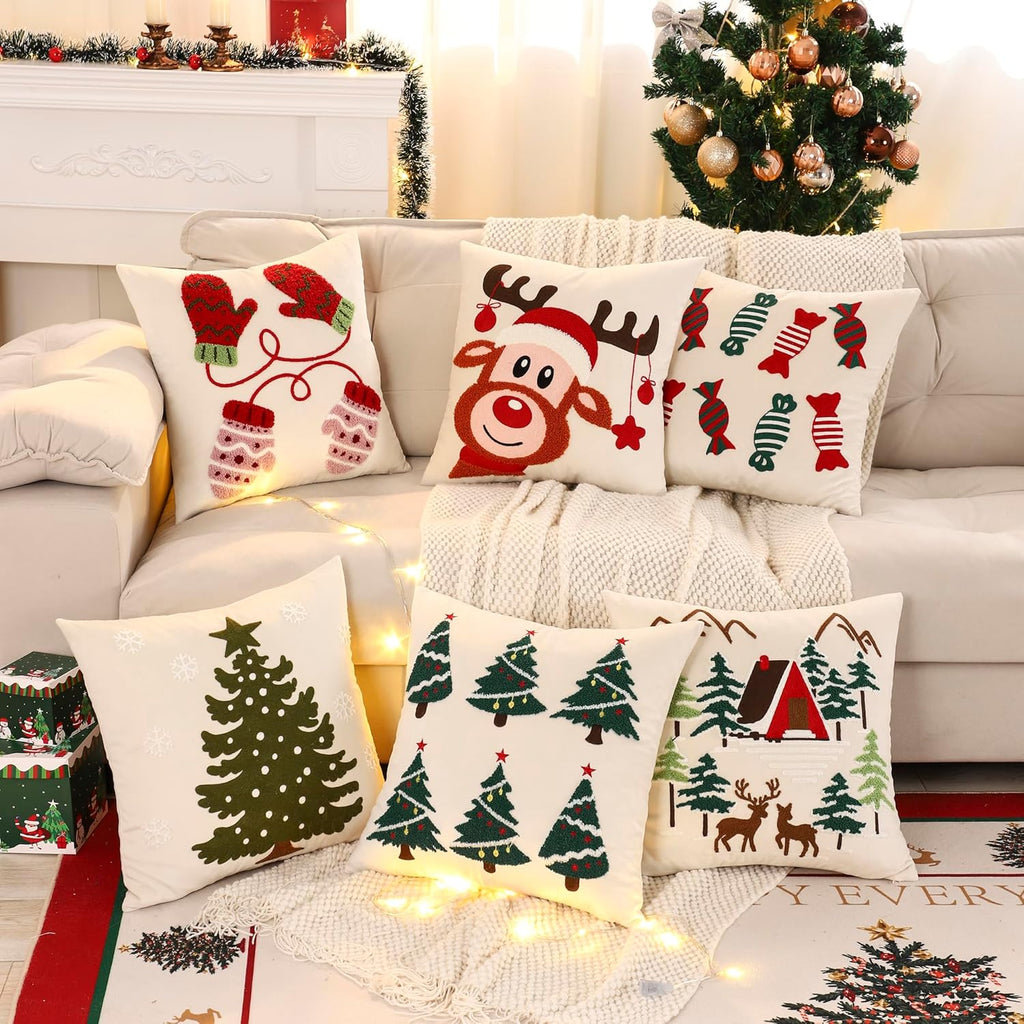 LUOYEHK Christmas Pillow Covers 18x18 Set of 2 Christmas Tree Decorative Beige Pillow Cases Winter Holiday Velvet Embroidered Cushion Covers for Couch Sofa Bed