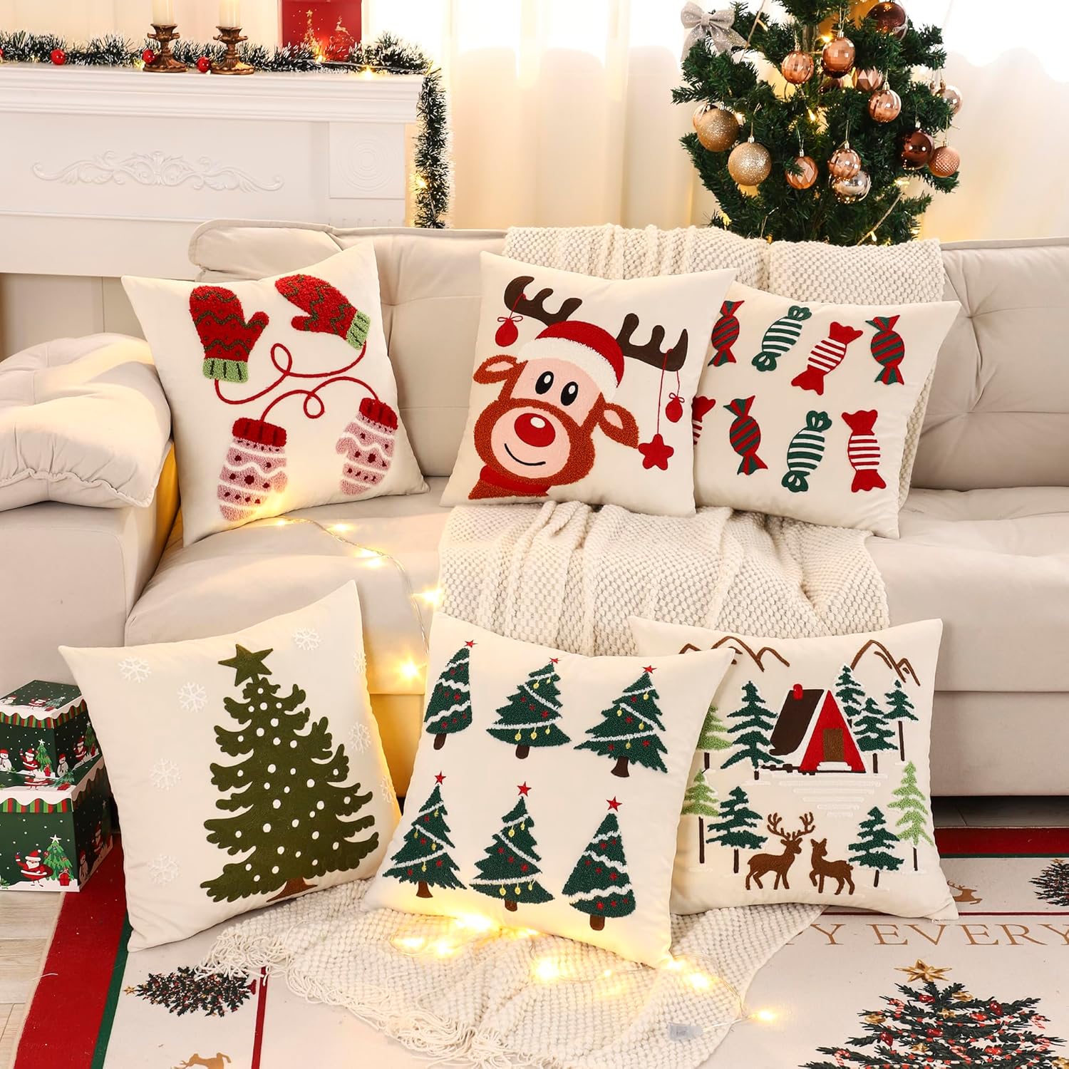LUOYEHK Christmas Pillow Covers 18x18 Set of 2 Candy Decorative Beige Pillow Cases Winter Holiday Velvet Embroidered Cushion Covers for Couch Sofa Bed