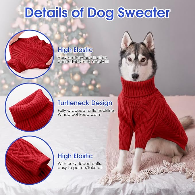 ASENKU Dog Sweater, Dog Sweaters for Medium Dogs, Warm Pullover Doggie KnitTurtleneck Warm Clothes for French Bulldog, Boston Terrier（Red, L）